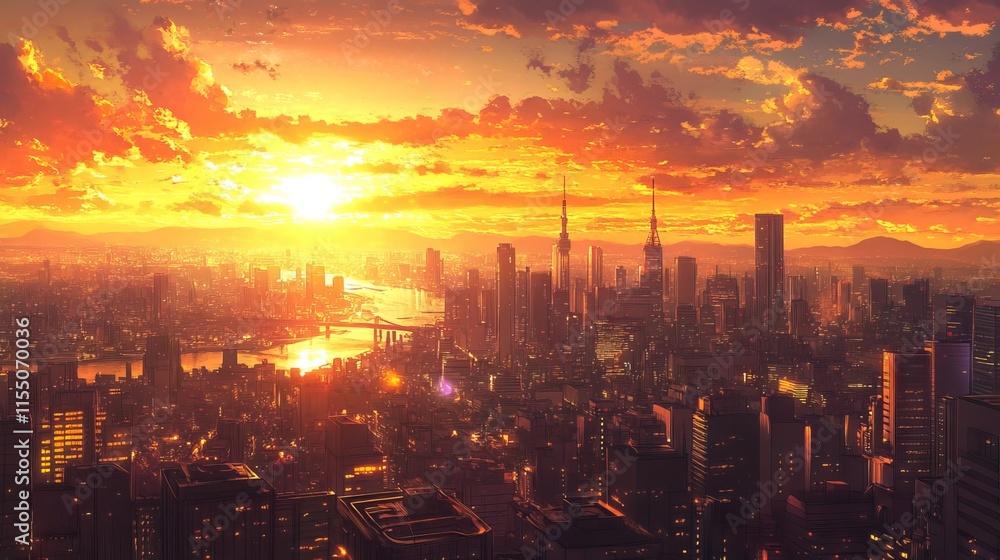Fototapeta premium Majestic cityscape anime wallpaper featuring a stunning sunset skyline with a warm golden glow over the urban landscape, high-quality illustration