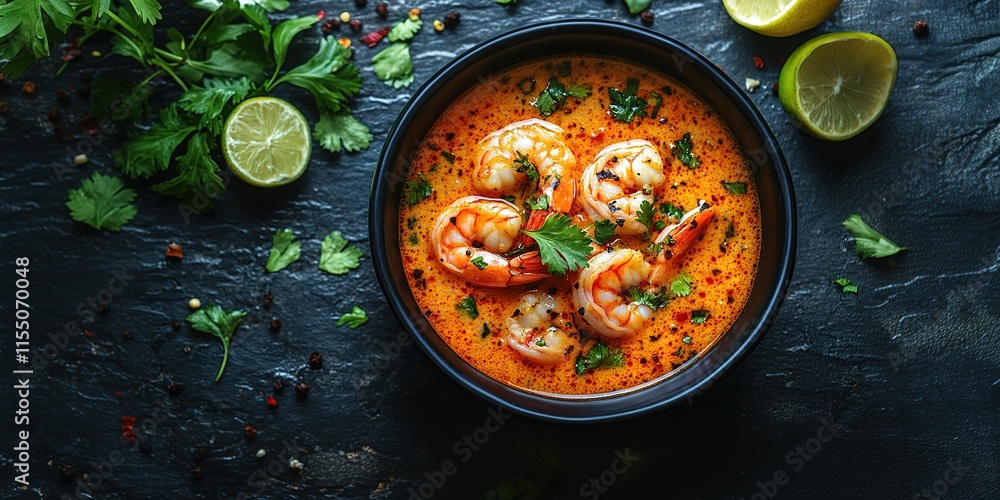 Tom Yum Kung Thai hot spicy soup shrimp with lemon grass,lemon,galangal and chilli on wooden background Thailand Food Tom Yum Kung Thai hot spicy soup shrimp with lemon grass,lemon,galangal and chilli on wooden background Thailand Food