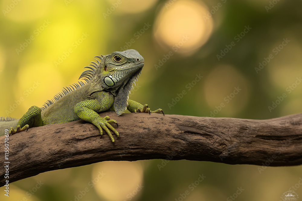 Green Iguana Resting on a Tree Branch in Its Natural Habitat, Surrounded by Lush Vegetation and Sunlight, Showcasing the Beauty of Tropical Wildlife and the Unique Features of This Exotic Reptile Green Iguana Resting on a Tree Branch in Its Natural Habitat, Surrounded by Lush Vegetation and Sunlight, Showcasing the Beauty of Tropical Wildlife and the Unique Features of This Exotic Reptile
