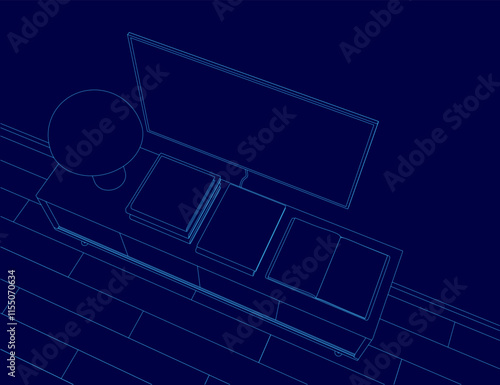 Blue image of a television stand with a television on top. The television is turned off, and the stand is empty. The stand is made of wood and has a circular base