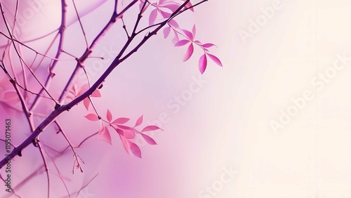 purple flowers are on a branch against a wall and in the sunlight, pink leaves can be seen