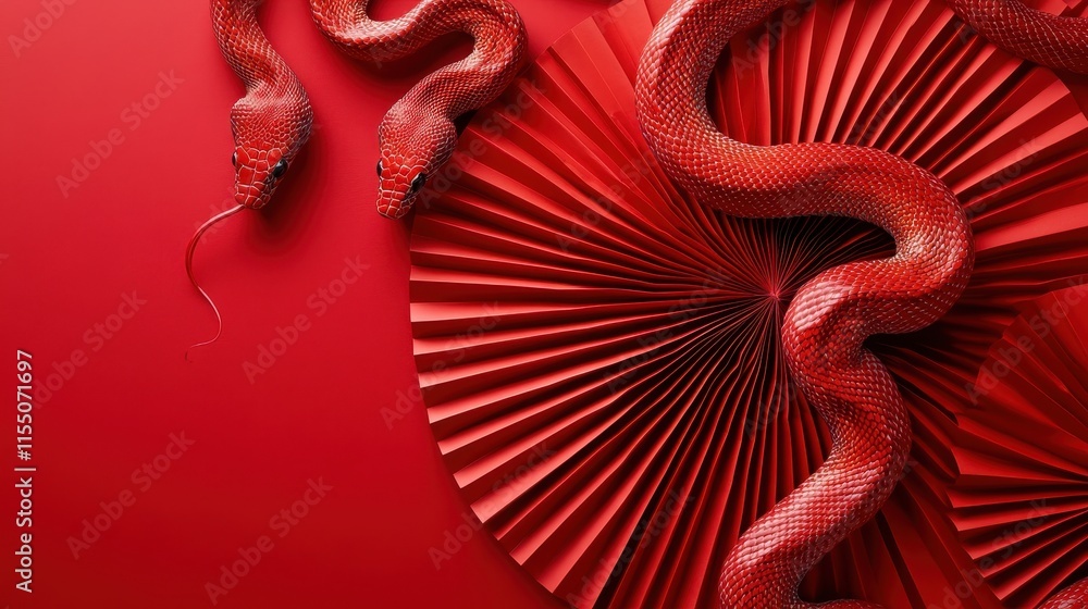 Naklejka premium Chinese new year 2025 concept,Red snake flat lay top view, Happy Chinese new year with Red envelope and gold ingot,blessing, wealth on red background with copy space for your text.