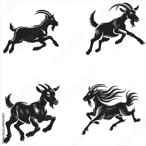 4 Set of Black Running Goat Silhouettes Isolated on White Background