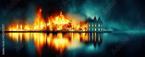 A dramatic scene of a house engulfed in flames at night. photo