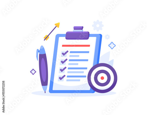 checklist or to do list concept. list of goals and targets. vision and mission. business planning and strategy. illustration of a clipboard with pen, dart board, darts. flat style design. elements