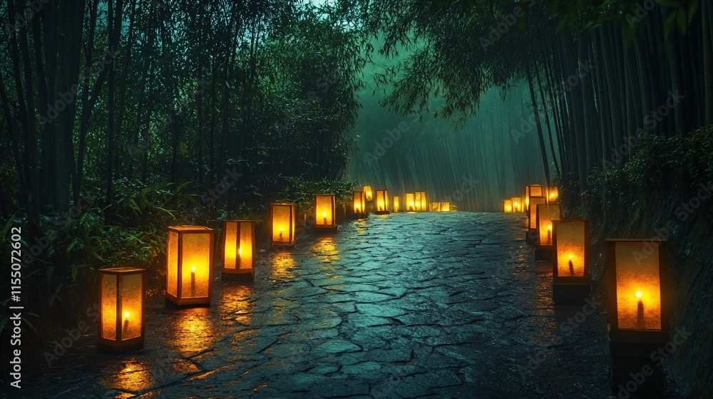 Fototapeta premium Misty bamboo forest path lit by lanterns at night.