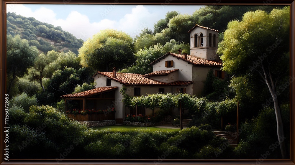 Fototapeta premium Tuscan Villa in the Verdant Hills: A Serene Landscape