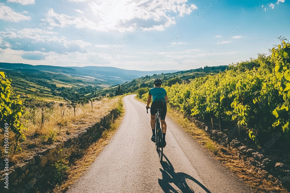 Obraz premium Cyclist Riding Through Scenic Countryside Road