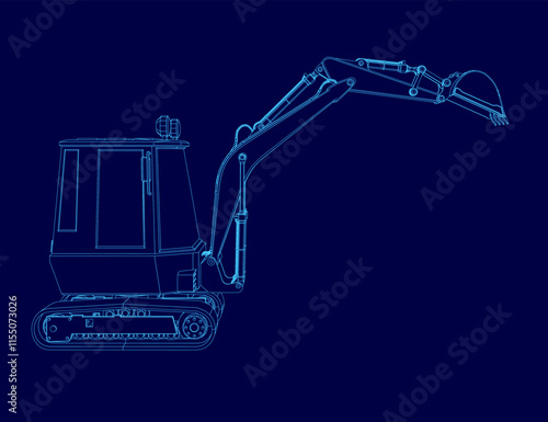 Blue drawing of a construction vehicle with a large scoop on the back. The drawing is in blue and is very detailed