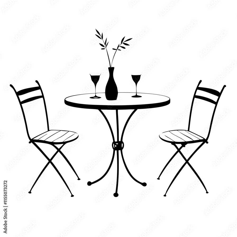 line drawing of garden furniture bistro set, two chairs, round table, small vase and two glasses line drawing of garden furniture bistro set, two chairs, round table, small vase and two glasses