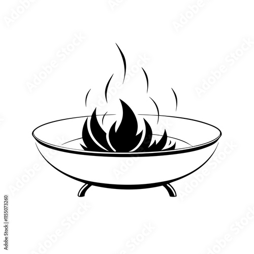 Outdoor firepit line drawing with flames and transparent background