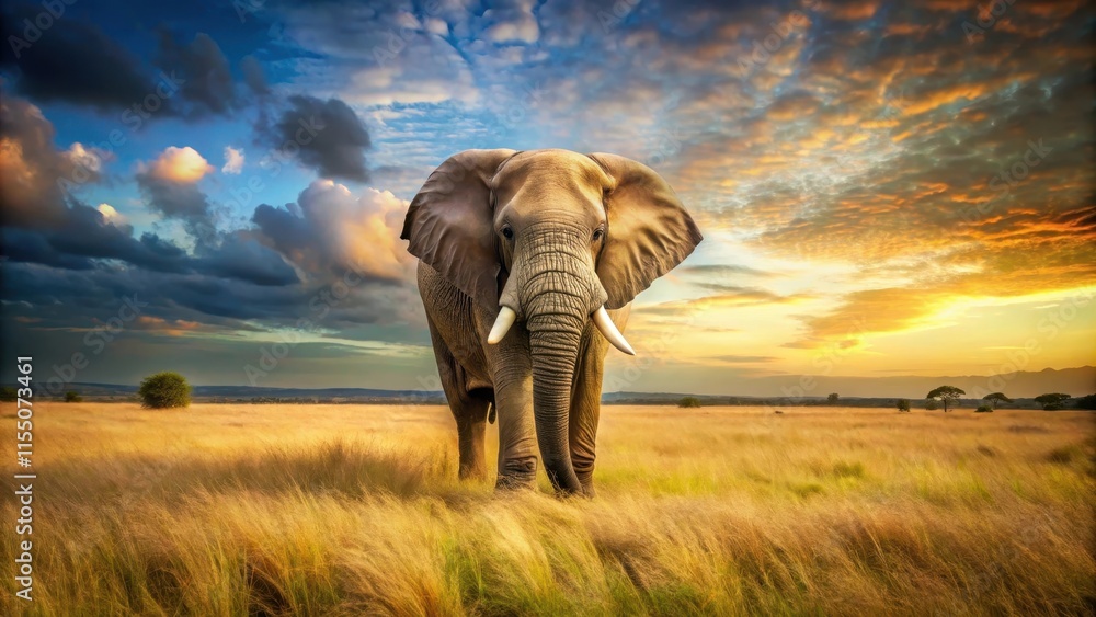 Fototapeta premium Majestic elephant standing in a savanna , wildlife, tusks, trunk, safari, Africa, endangered, large mammal, grey