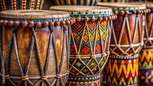 Closeup view of West African bass drums Kenkeni and Dudunba, showing intricate designs and textures, West African photo