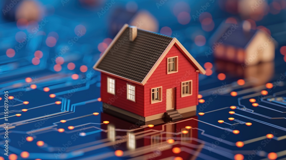 A miniature red house sits on a digital circuit background, symbolizing the intersection of technology and homeownership.smart home systems, home improvement, IoT, home security. A miniature red house sits on a digital circuit background, symbolizing the intersection of technology and homeownership.smart home systems, home improvement, IoT, home security.