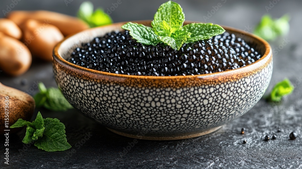 Gourmet black caviar in a bowl with fresh mint leaves.