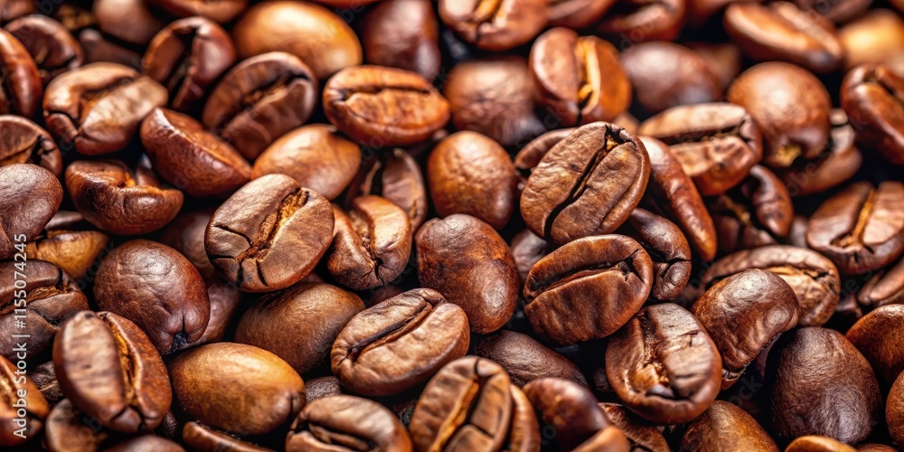 Fototapeta premium Close up of aromatic fresh coffee beans , coffee, beans, background, texture, close up, fresh, brown, caffeine, aroma, roasted, dark