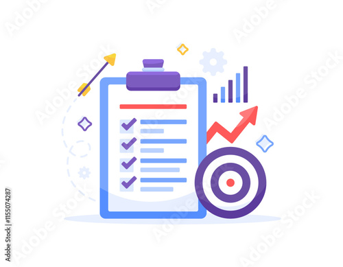 checklist or to do list concept. list of goals and targets. vision and mission. business planning and strategy to grow. illustration of a clipboard with graph, dart board, darts. flat style design