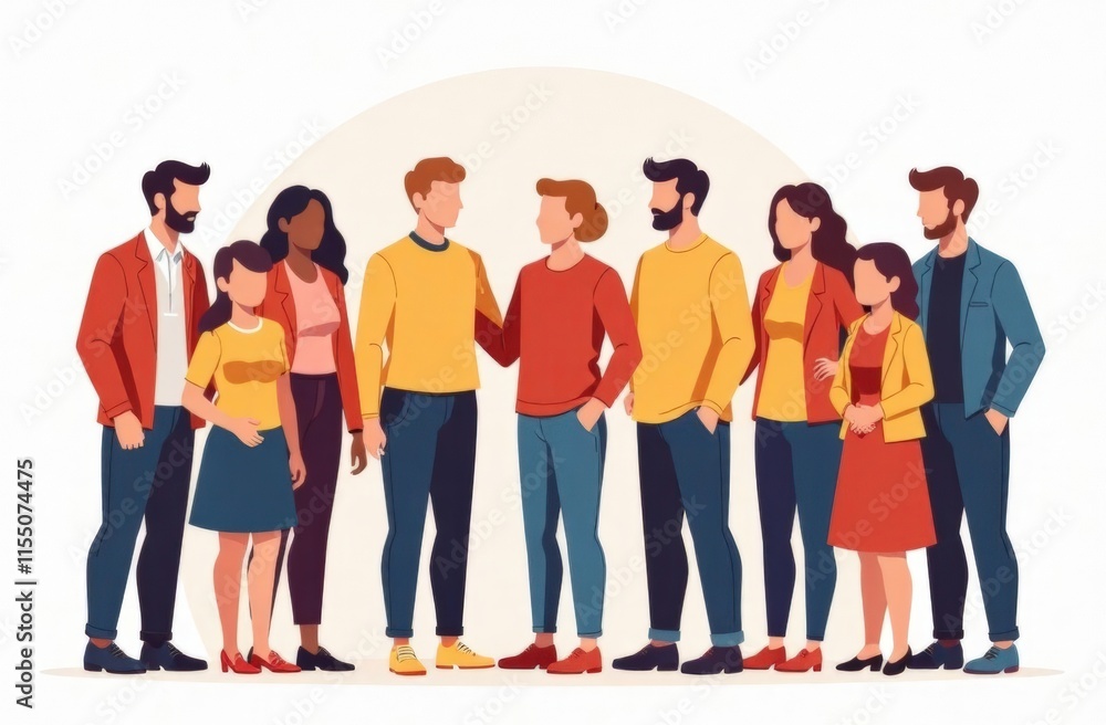 Obraz premium Group of abstract diverse people. Friends or coworkers are standing, hugging, posing together. Teamwork, togetherness, friendship concept.