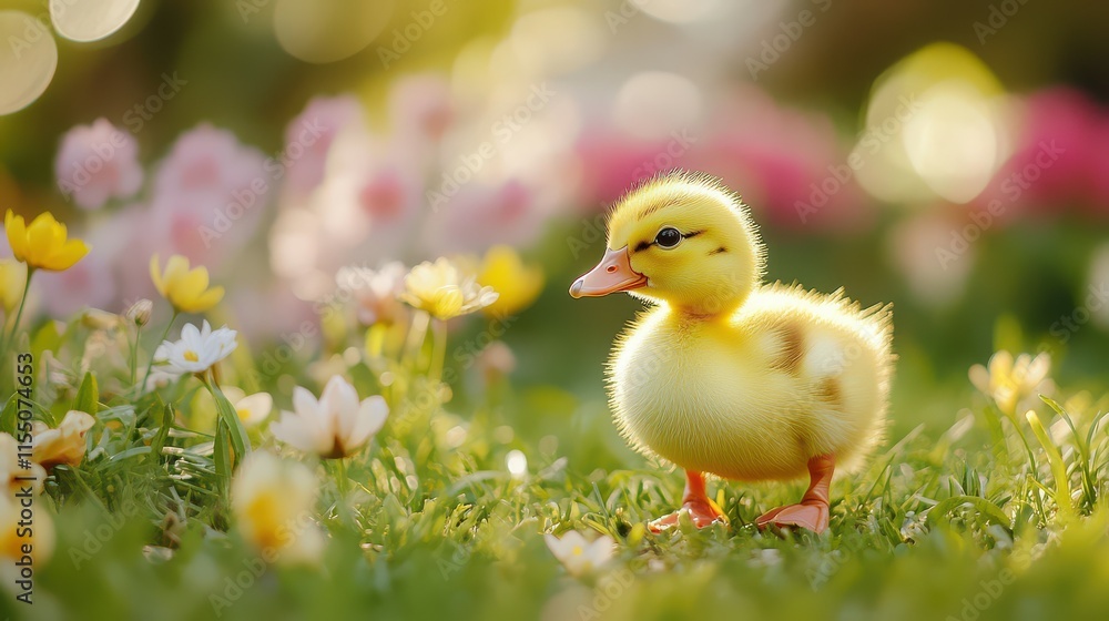 Cute Yellow Duckling in a Flower Meadow Cute Yellow Duckling in a Flower Meadow