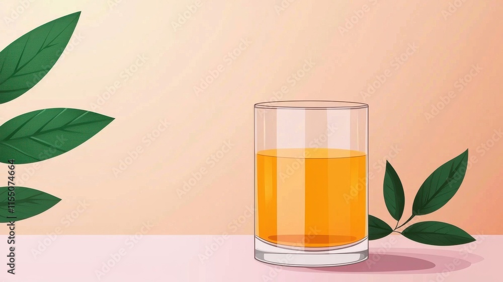 Freshly Squeezed Orange Juice in a Transparent Glass with Green Leaves on a Peach Background Freshly Squeezed Orange Juice in a Transparent Glass with Green Leaves on a Peach Background