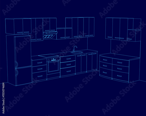 Kitchen with blue cabinets and a blue countertop. The kitchen is empty and has a modern design
