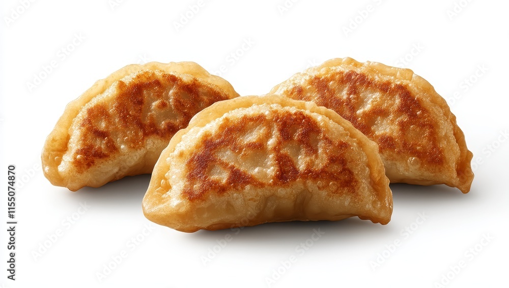Three golden-brown pan-fried dumplings isolated on white background. (5) Three golden-brown pan-fried dumplings isolated on white background. (5)