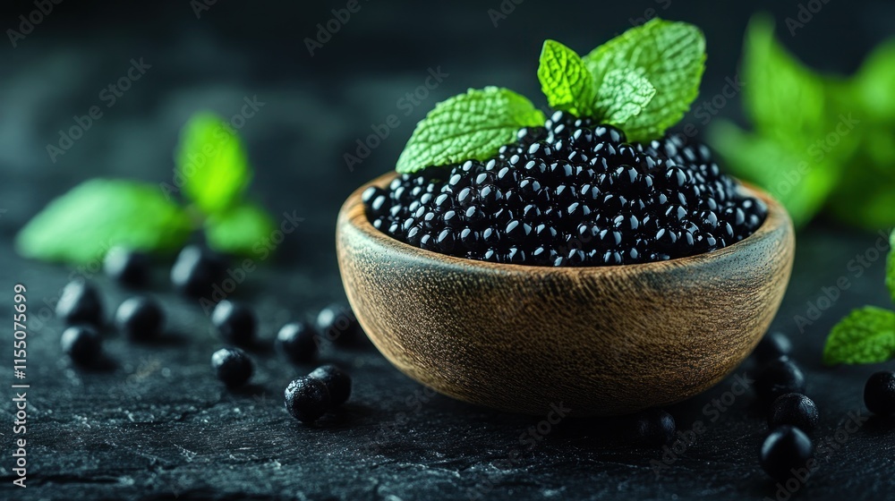Gourmet black caviar in wooden bowl with fresh mint leaves on dark stone background. Gourmet black caviar in wooden bowl with fresh mint leaves on dark stone background.