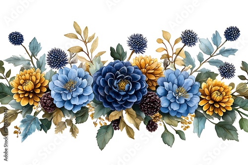 Elegant watercolor floral arrangement with blue and gold dahlias
