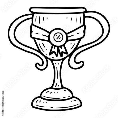 Winner cup with ribbon. Hand drawn doodle illustration. Prize, trophy. Award for victory in sports games. Ceremonial presentation of a memorable object. Win. Metallic. Vector line art.
