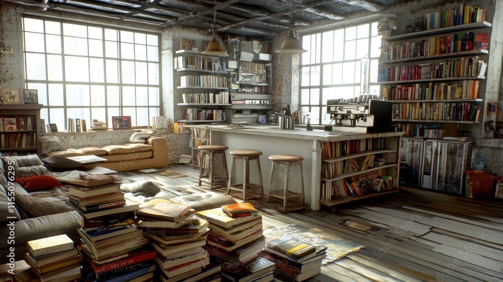 Obraz premium Sunlit loft apartment with bookshelves, sofa, and bar.