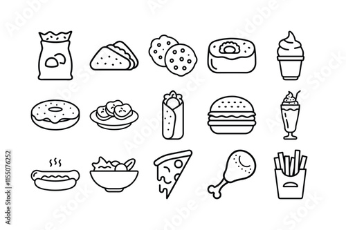 set of vector line art food icons 