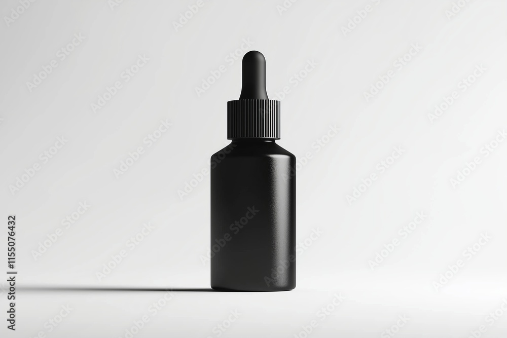 Black dropper bottle mockup standing on a minimalistic background in soft light Black dropper bottle mockup standing on a minimalistic background in soft light