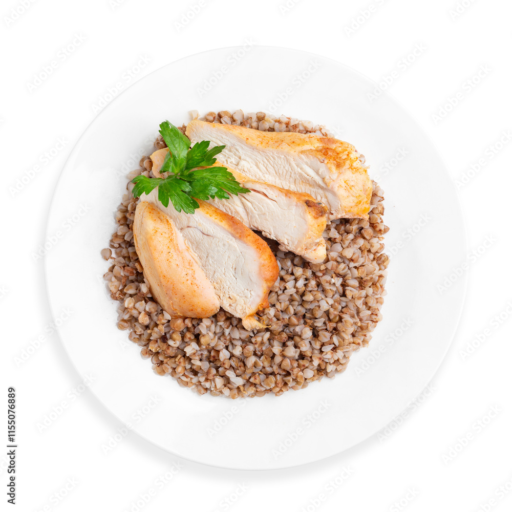 Chicken breast with buckwheat, on a white background, isolated. Top view. Chicken breast with buckwheat, on a white background, isolated. Top view.