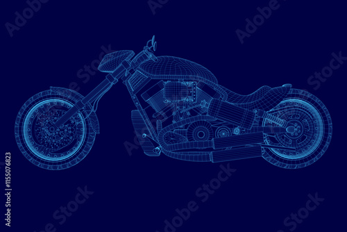 Blue motorcycle is shown in a stylized, pixelated form. Concept of futuristic technology and a sleek, modern design