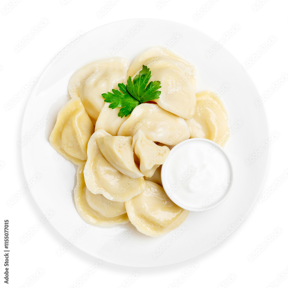 Dumplings with potatoes and sour cream, on a white background, isolated. Top view. Dumplings with potatoes and sour cream, on a white background, isolated. Top view.