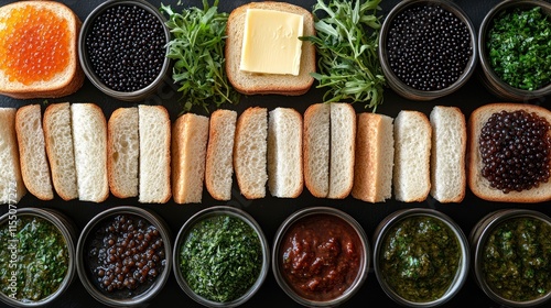 Gourmet caviar and bread appetizer arrangement. photo