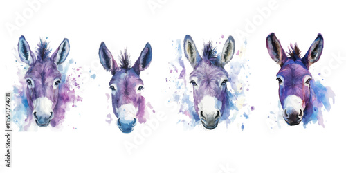 cute baby donkey head Close-up image in watercolor style on white background
