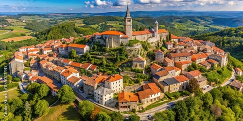 Aerial view of Groznjan town in Istra, Croatia, Groznjan, town, Istra, Croatia, aerial view, picturesque