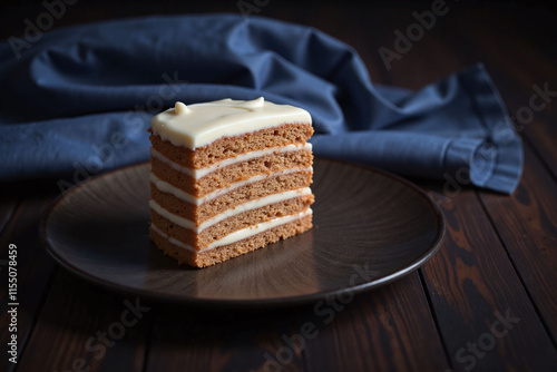 Layered sponge cake on plate with frosting