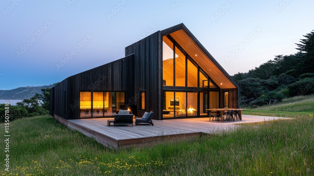 Serene Contemporary Wooden Cabin Nestled in Idyllic Meadow at Sunset Serene Contemporary Wooden Cabin Nestled in Idyllic Meadow at Sunset