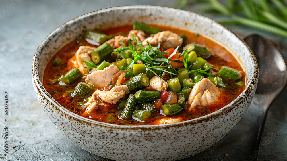 Traditional Bosnian Chicken Soup with Okra and Fresh Vegetables Traditional Bosnian Chicken Soup with Okra and Fresh Vegetables