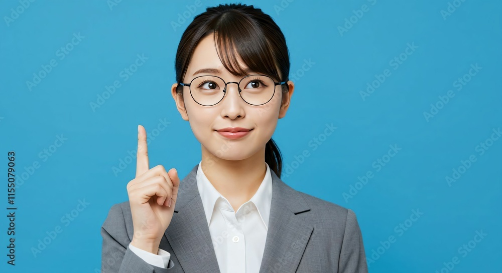 Confident Japanese Woman in Glasses with a Ponytail Gesturing a Creative Idea on Blue Background Confident Japanese Woman in Glasses with a Ponytail Gesturing a Creative Idea on Blue Background