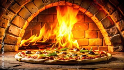 A juicy hot pizza slice being taken out of a brick oven, with flames dancing around it, casting a golden glow on the surrounding stones and brick walls, brick oven, fire pit