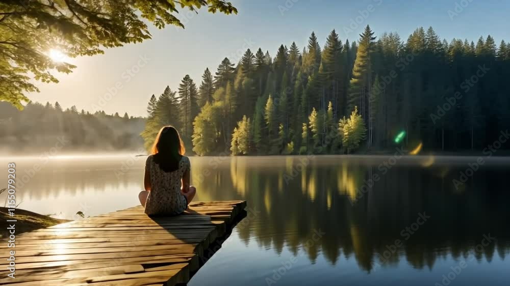 A woman sitting on a wooden bench looking at a lake in the forest at sunset A woman sitting on a wooden bench looking at a lake in the forest at sunset