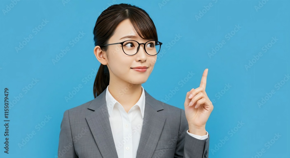 Confident Japanese Woman in Glasses with a Ponytail Gesturing a Creative Idea on Blue Background Confident Japanese Woman in Glasses with a Ponytail Gesturing a Creative Idea on Blue Background