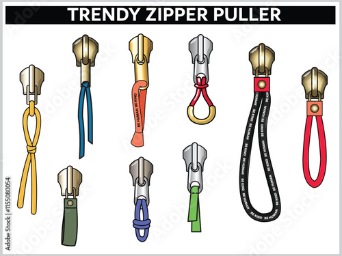  TRENDY ZIPPER SLIDER AND PULLERS SET VECTOR ILLUSTRATION