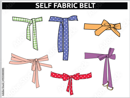 SET OF SELF FABRIC BELT TIE KNOT FOR WAIST BAND, BAGS, SHOES, JACKETS, SHORTS, PANTS, DRESS GARMENTS, DRAWCORD AGLETS FOR CLOTHING AND ACCESSORIES VECTOR ILLUSTRATION