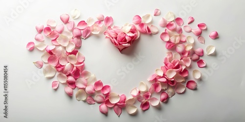Delicate rose petals fall gently on a soft, white background, creating a heart shape in the center , Roses, Petals,  Roses