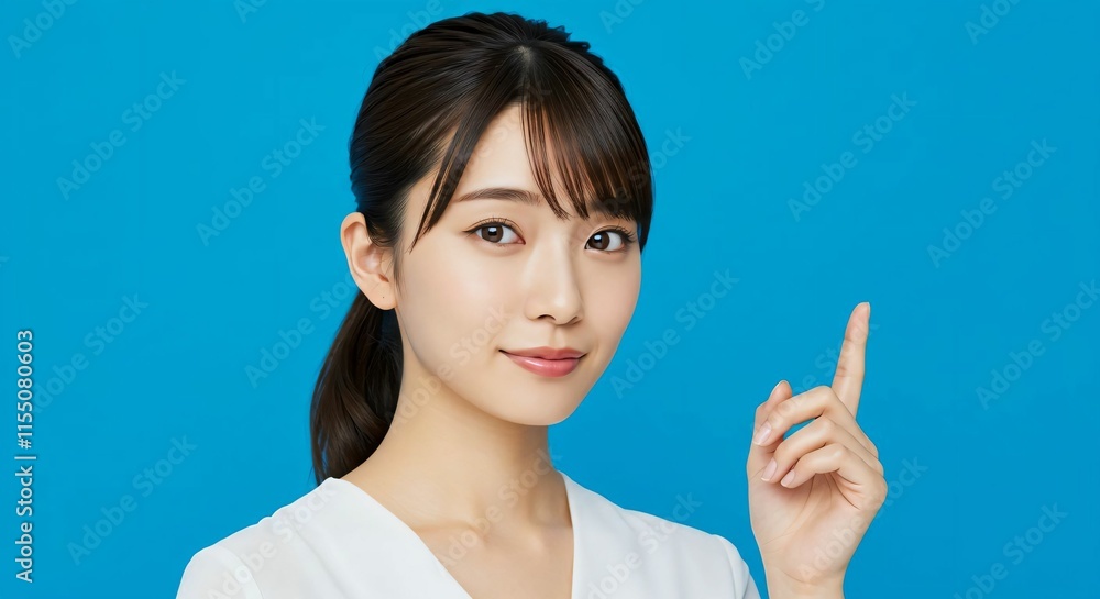Japanese Woman with Ponytail Expressing a Bright Idea Against Blue Background Japanese Woman with Ponytail Expressing a Bright Idea Against Blue Background