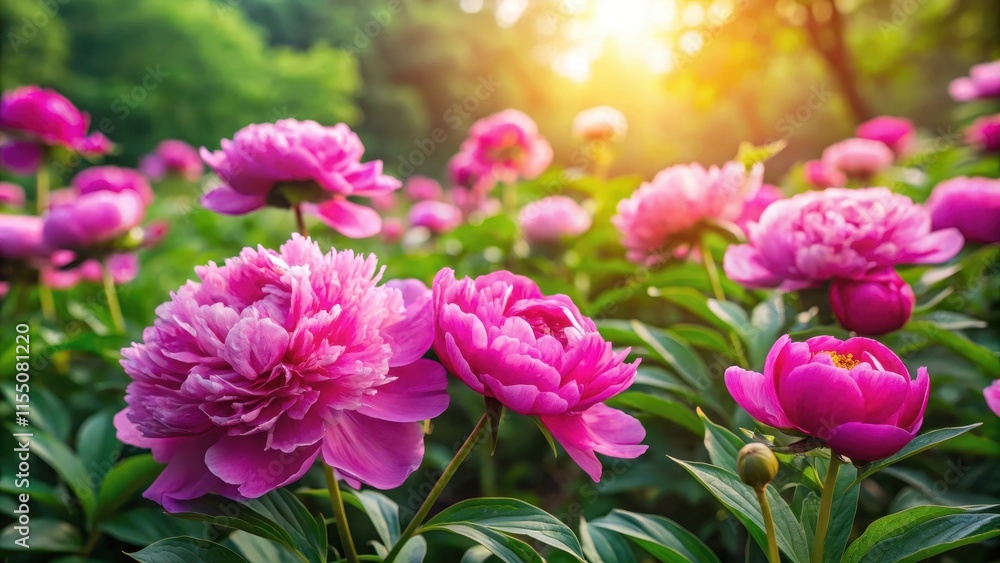 Vibrant pink peonies in full bloom surrounded by lush greenery and soft sunlight filtering through the leaves, creating a serene and natural ambiance, garden, botanical photography Vibrant pink peonies in full bloom surrounded by lush greenery and soft sunlight filtering through the leaves, creating a serene and natural ambiance, garden, botanical photography